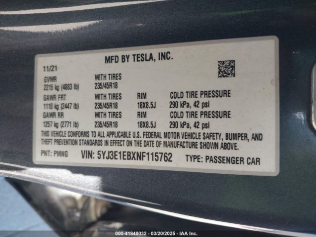 5YJ3E1EBXNF115762 Tesla Model 3 Long Range Dual Motor All-wheel Drive