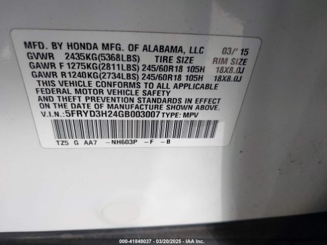 5FRYD3H24GB003007 Acura Mdx Acurawatch Plus Package