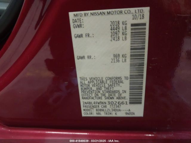 1N4BL4FW9KN302661 Nissan Altima 2.5 Platinum