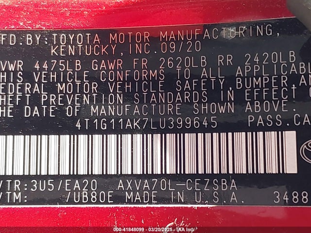 4T1G11AK7LU399645 Toyota CAMRY SE