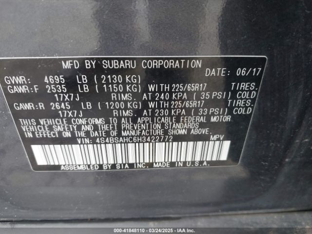 4S4BSAHC6H3422772 Subaru Outback 2.5i Premium