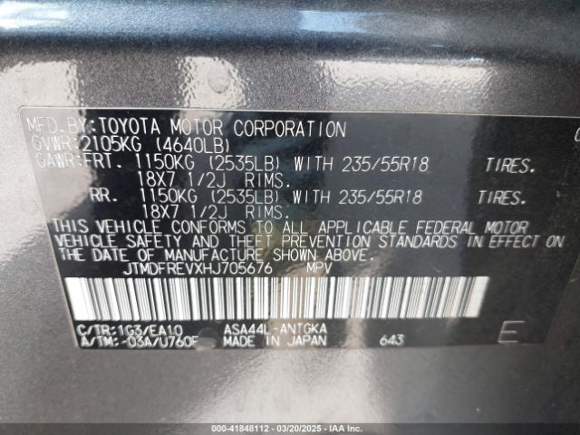 JTMDFREVXHJ705676 Toyota Rav4 Limited/se/platinum