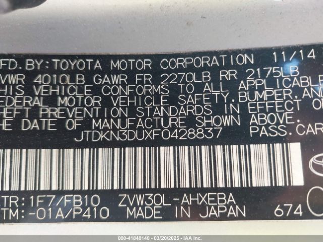 JTDKN3DUXF0428837 Toyota Prius Three