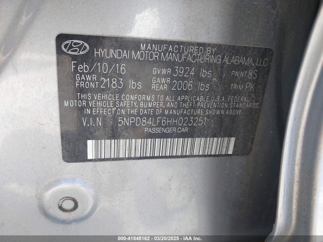5NPD84LF6HH023251 Hyundai ELANTRA SE