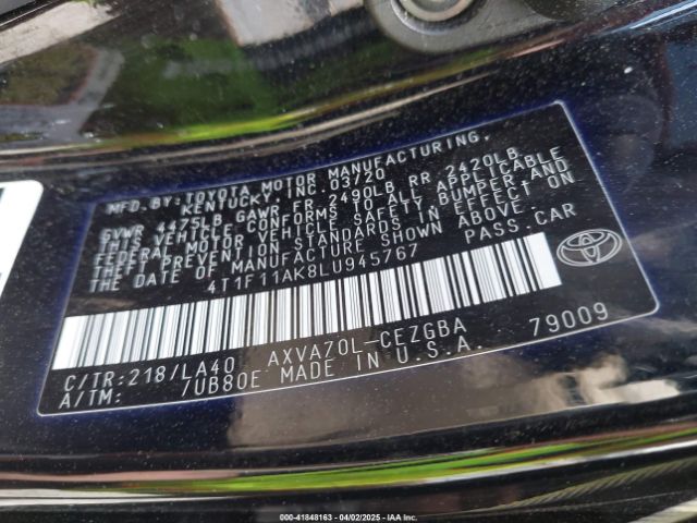 2020 TOYOTA CAMRY 4T1F11AK8LU945767 Photo 8