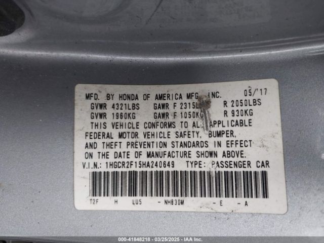 1HGCR2F15HA240649 Honda Accord Sport Se