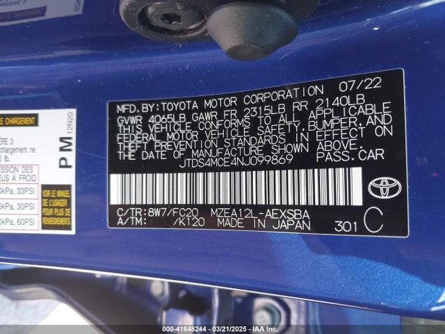 JTDS4MCE4NJ099869 Toyota COROLLA SE