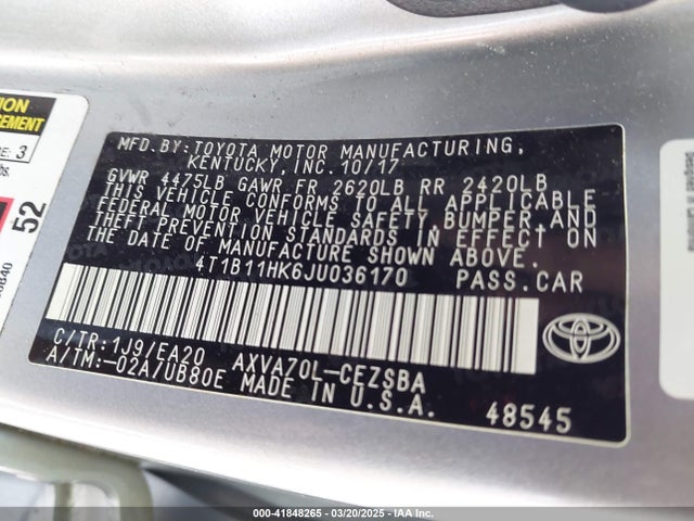 4T1B11HK6JU036170 Toyota CAMRY SE
