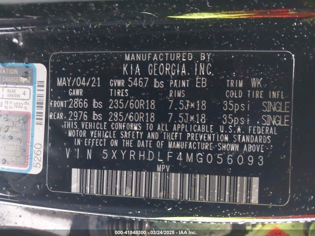 5XYRHDLF4MG056093 KIA SORENTO EX