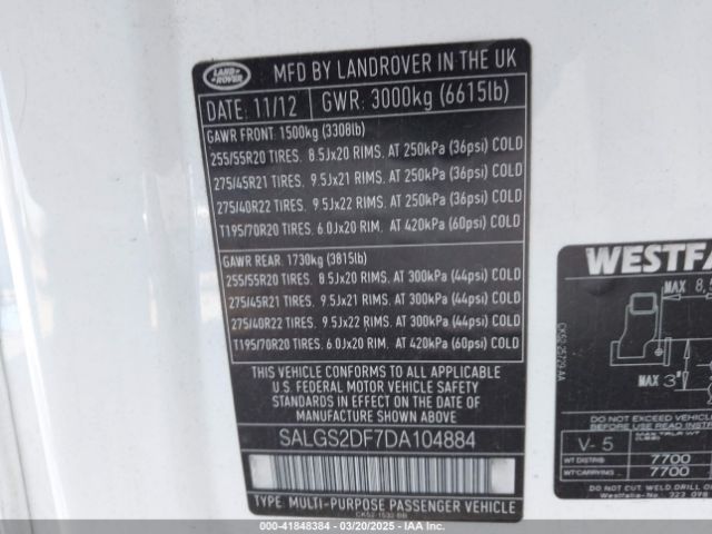2013 LAND ROVER RANGE ROVER SALGS2DF7DA104884 Photo 8
