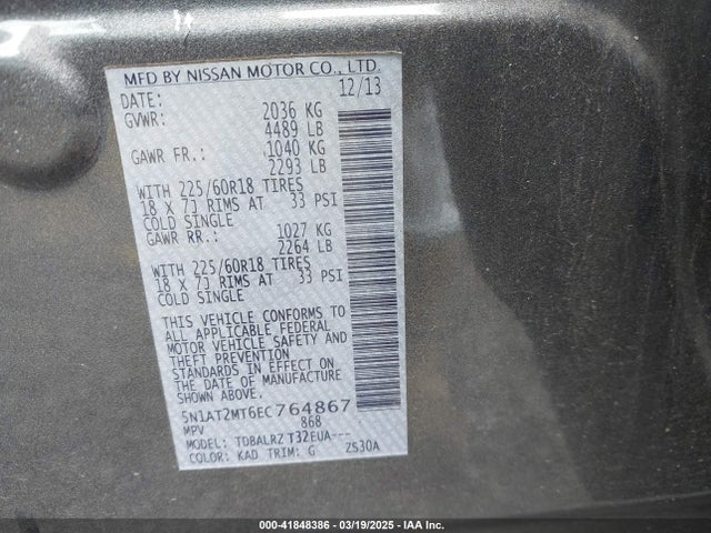 5N1AT2MT6EC764867 Nissan Rogue S/sl/sv