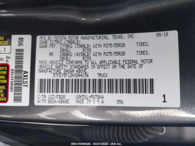 5TFEY5F12KX244156 Toyota Tundra Sr5 5.7l V8