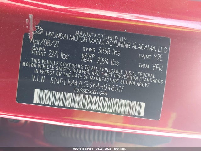5NPLM4AG5MH046517 Hyundai ELANTRA SEL