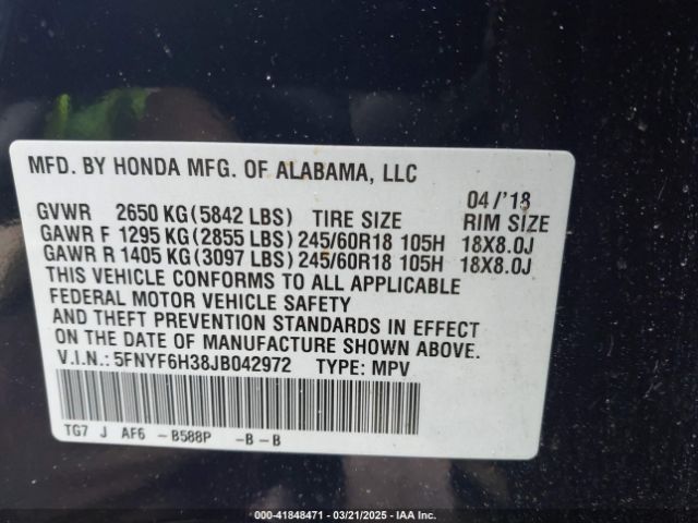 5FNYF6H38JB042972 Honda Pilot Ex