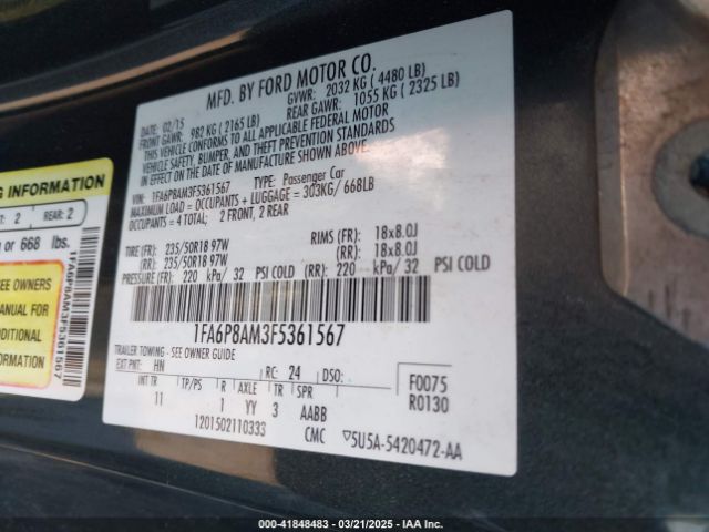 1FA6P8AM3F5361567 Ford Mustang V6
