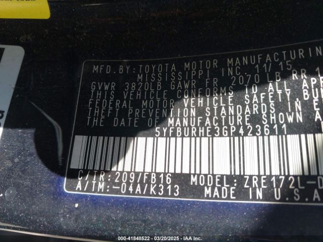 5YFBURHE3GP423611 Toyota COROLLA LE