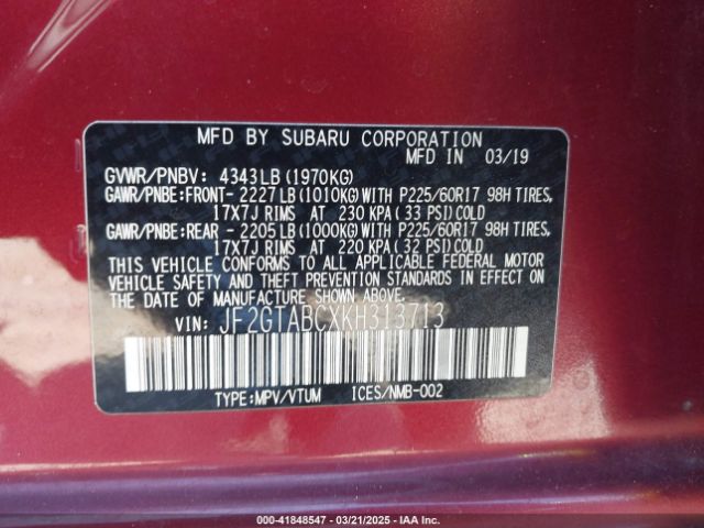 JF2GTABCXKH313713 Subaru Crosstrek 2.0i
