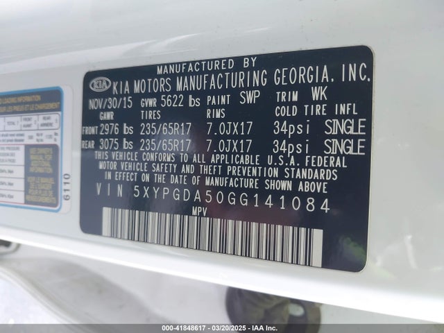 5XYPGDA50GG141084 KIA Sorento 3.3l Lx