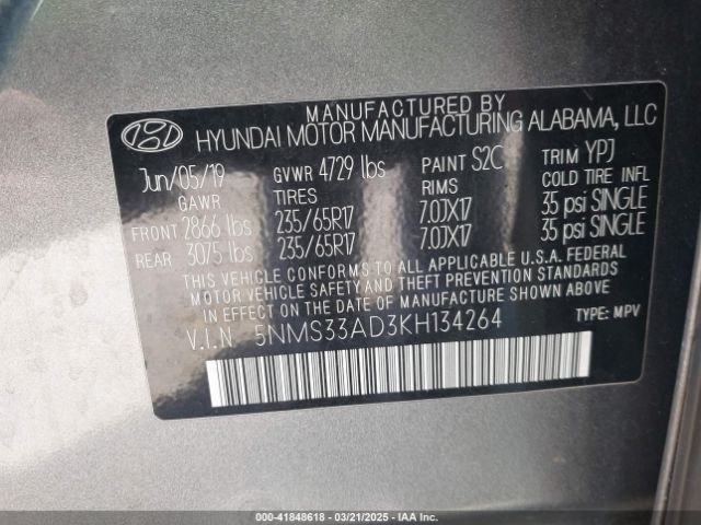 5NMS33AD3KH134264 Hyundai Santa Fe Sel