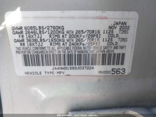 2003 MITSUBISHI MONTERO JA4NW31S93J037224 Photo 8