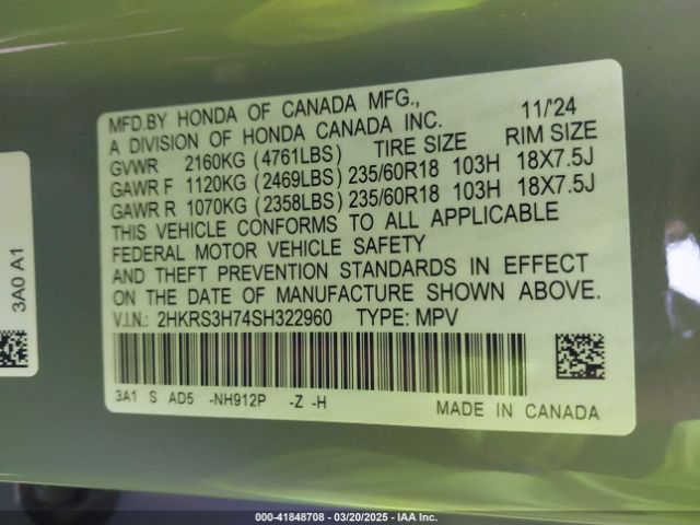 2HKRS3H74SH322960 Honda Cr-v Ex-l 2wd
