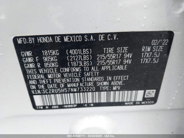 3CZRU5H57NM733220 Honda Hr-v 2wd Ex