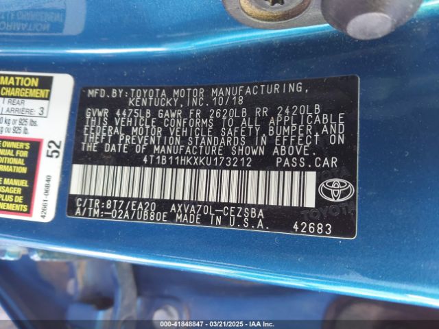 4T1B11HKXKU173212 Toyota CAMRY SE