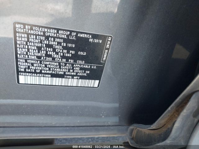1V2CR2CA0JC571988 Volkswagen Atlas 3.6l V6 Se