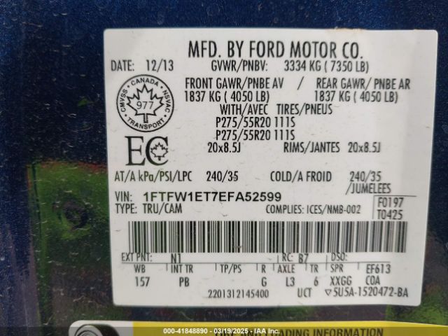1FTFW1ET7EFA52599 Ford F-150 Platinum