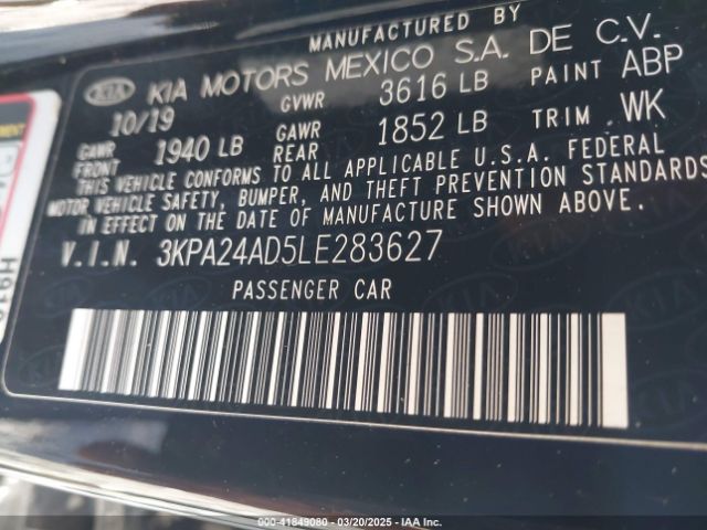 3KPA24AD5LE283627 KIA RIO S