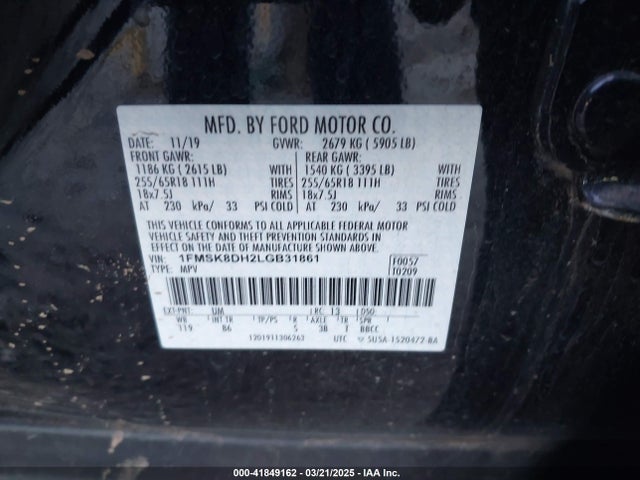 1FMSK8DH2LGB31861 Ford EXPLORER XLT