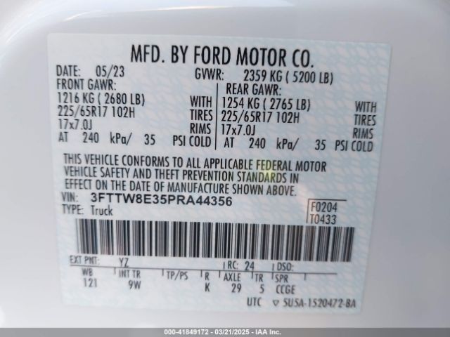 3FTTW8E35PRA44356 Ford Maverick Xl