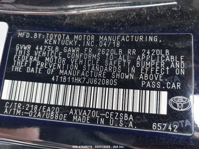 4T1B11HK7JU620805 Toyota CAMRY SE
