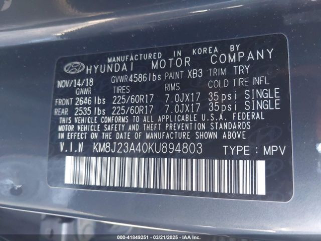 KM8J23A40KU894803 Hyundai TUCSON SE