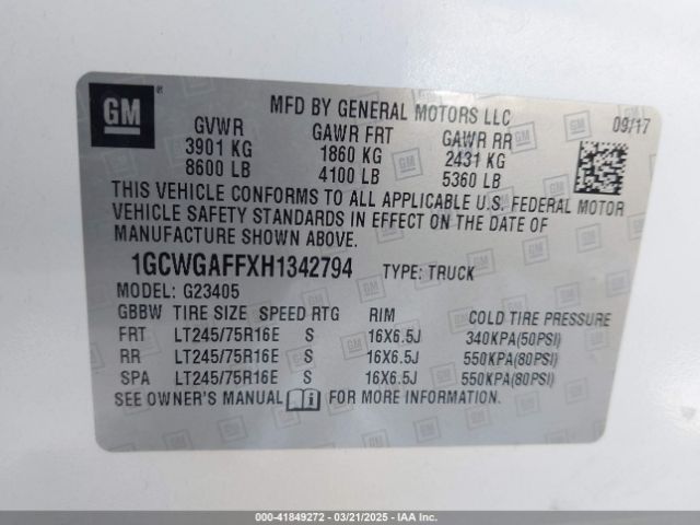 1GCWGAFFXH1342794 Chevrolet Express 2500 Work Van