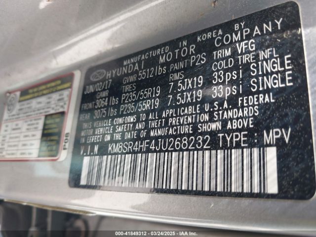KM8SR4HF4JU268232 Hyundai Santa Fe Se Ultimate