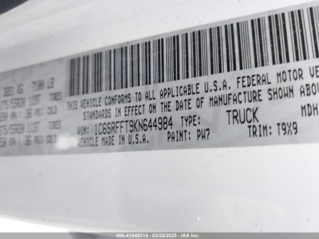 1C6SRFFT9KN644984 RAM 1500 Big Horn/lone Star  4x4 5'7 Box