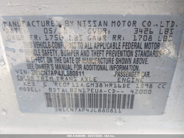 3N1CN7AP4JL880811 Nissan Versa 1.6 Sv