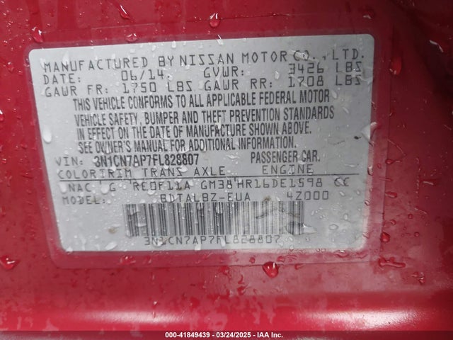 3N1CN7AP7FL828807 Nissan Versa 1.6 Sv