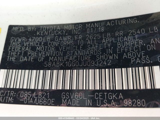 58ABK1GG0JU093242 Lexus ES 350