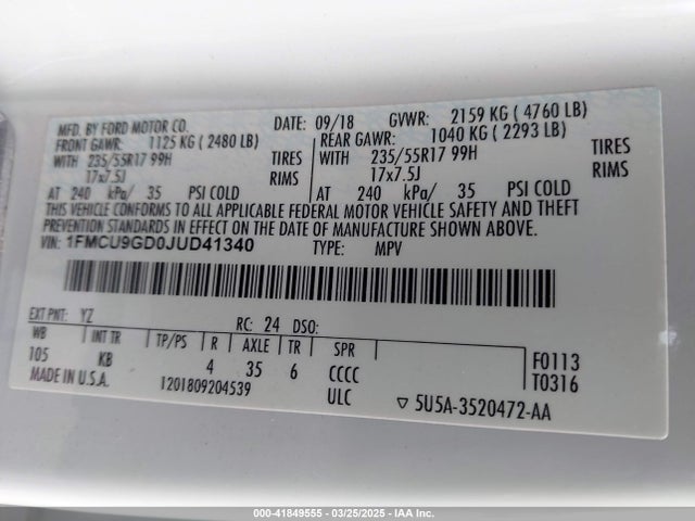 1FMCU9GD0JUD41340 Ford ESCAPE SE