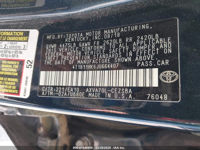 4T1B11HK6JU664407 Toyota CAMRY SE