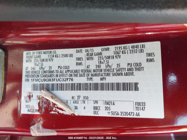 1FMCU9G93FUC32776 Ford ESCAPE SE