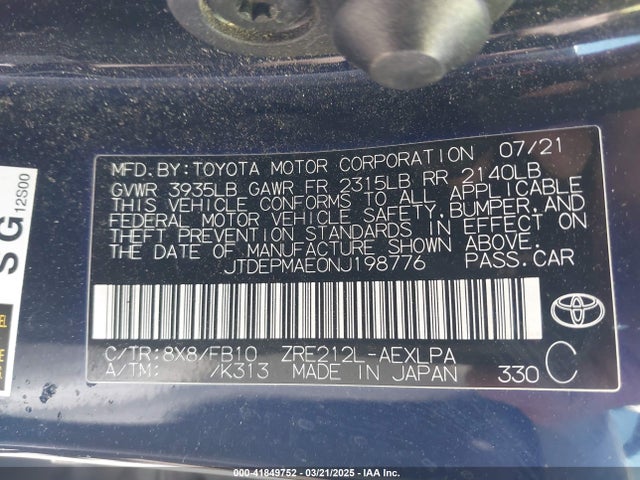JTDEPMAE0NJ198776 Toyota COROLLA LE