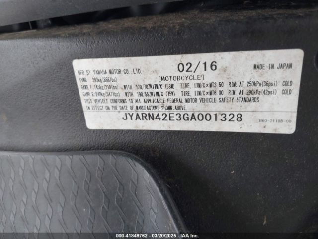 2016 YAMAHA YZFR1S JYARN42E3GA001328 Photo 9