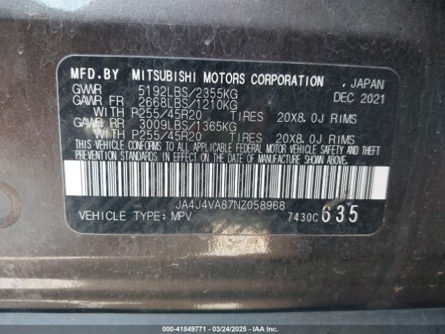 JA4J4VA87NZ058968 Mitsubishi Outlander Sel Special Edition S-awc