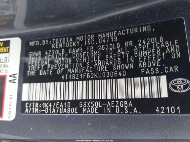 4T1BZ1FB2KU030640 Toyota AVALON XLE
