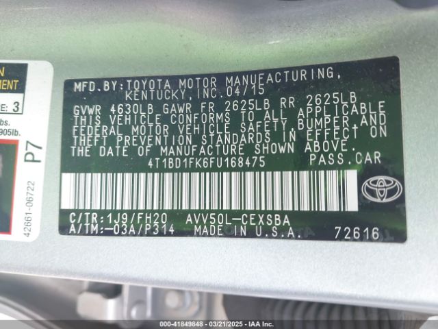 4T1BD1FK6FU168475 Toyota Camry Hybrid Se