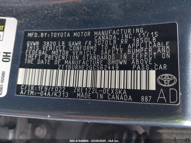 2T1BURHE2GC562449 Toyota 2zr-fe