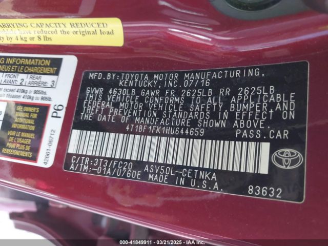4T1BF1FK1HU644659 Toyota CAMRY LE